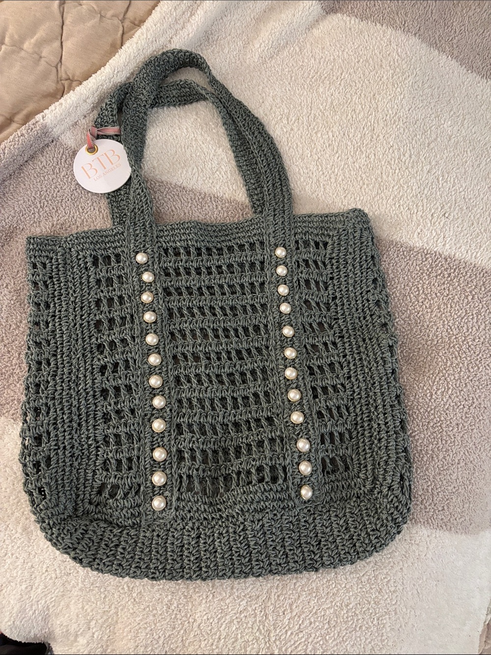 BTB Los Angeles Element Crochet Pearl-Trim Tote Bag in blue green color